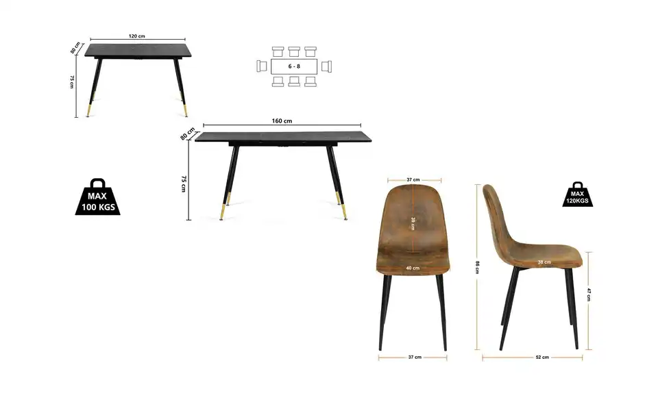 Esstischset, Bemaßung