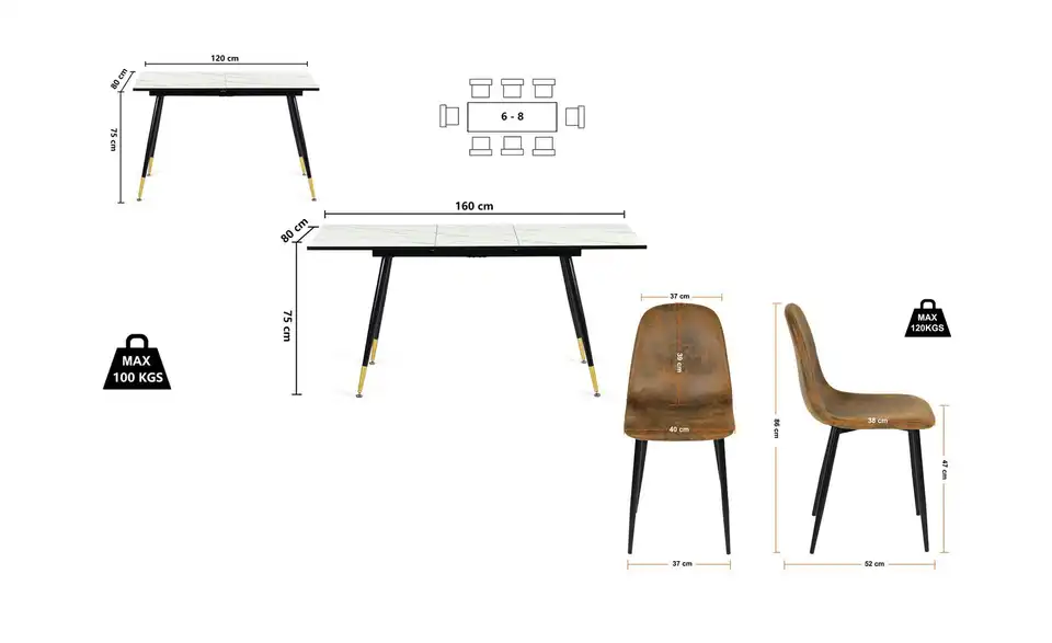 Esstischset, Bemaßung