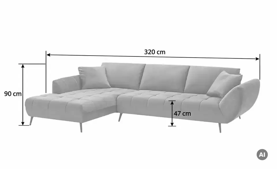 Ecksofa Carly mit Sitztiefenverstellung, Bemaßung
