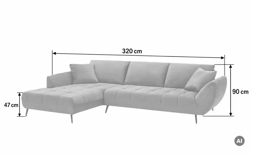 Ecksofa Carly mit Sitztiefenverstellung, Bemaßung