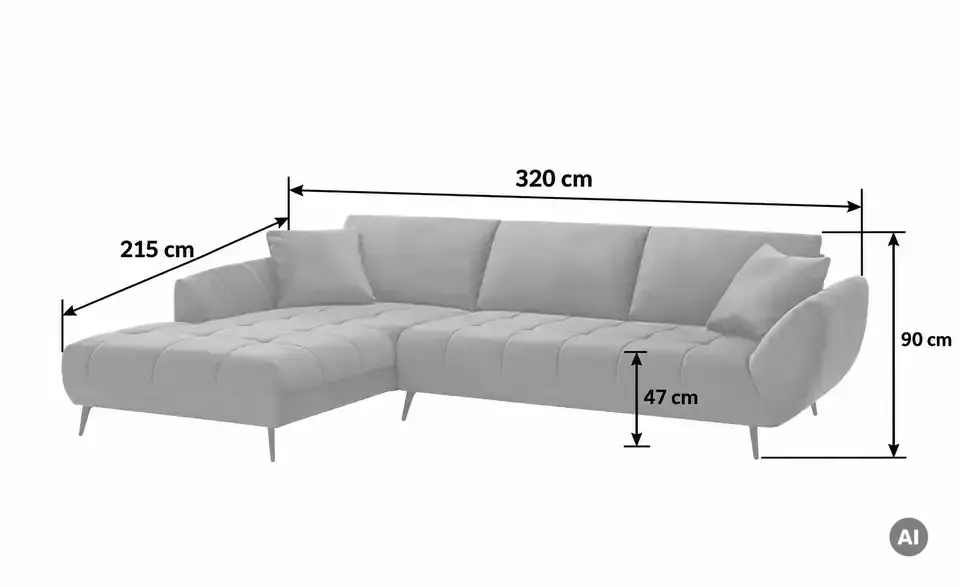 Ecksofa Carly mit Sitztiefenverstellung, Bemaßung