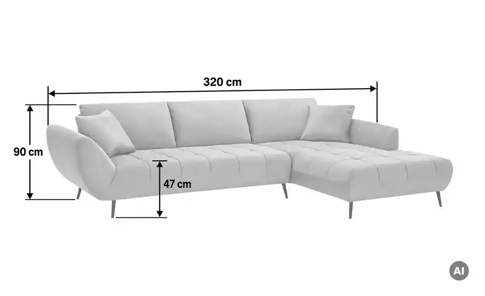 Ecksofa Carly mit Sitztiefenverstellung, Bemaßung