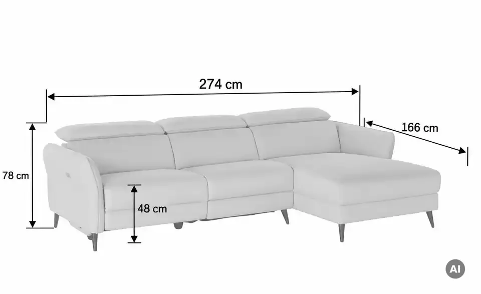Primo Ecksofa Hedy mit Relaxfunktion, Bemaßung