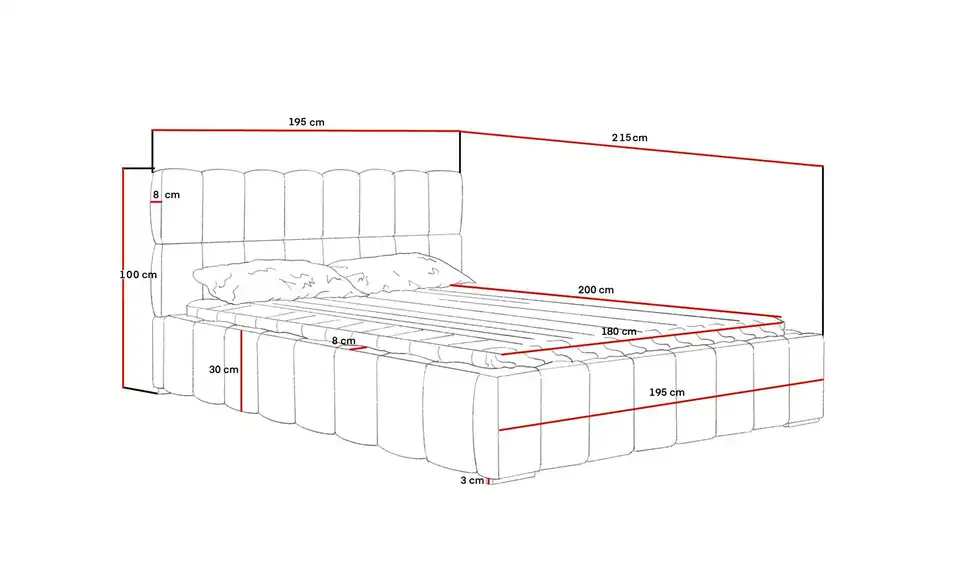Polsterbett mit Stauraum, Bemaßung