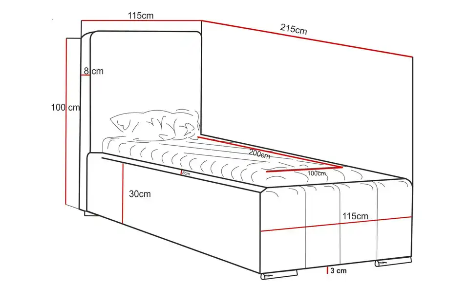 Polsterbett mit Stauraum, Bemaßung