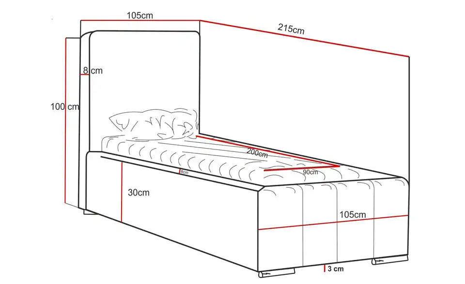 Polsterbett mit Stauraum, Bemaßung