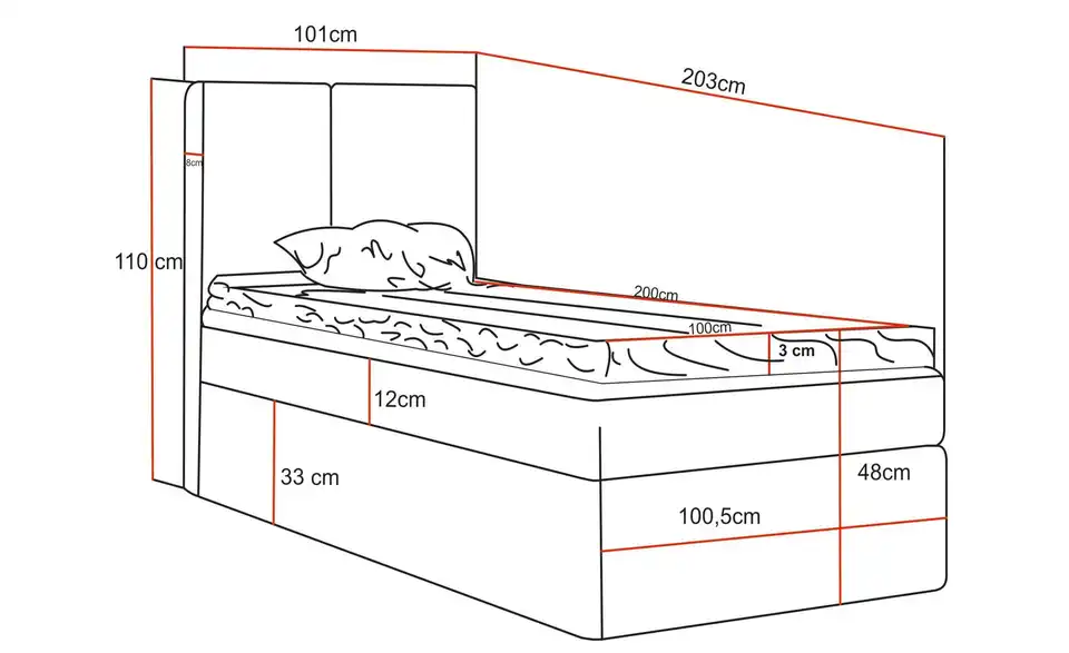 Boxbett mit Stauraum, Bemaßung