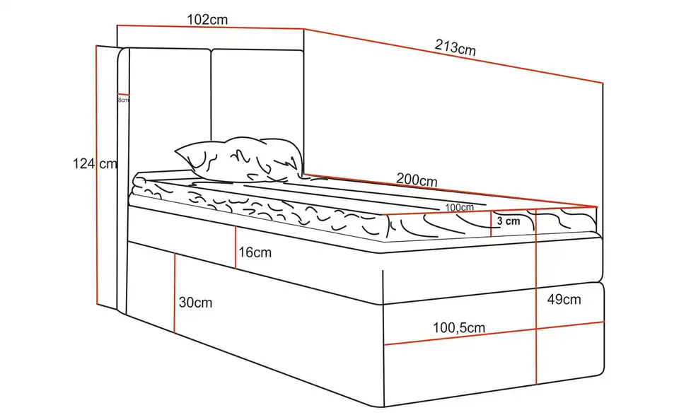 Boxbett mit Stauraum Nelia, Bemaßung
