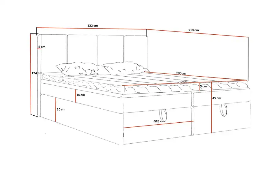 Boxbett mit Stauraum Nelia, Bemaßung