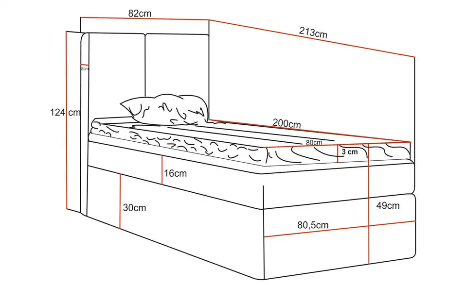 Boxbett mit Stauraum Nelia, Bemaßung