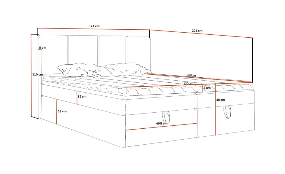 Boxbett mit Stauraum, Bemaßung