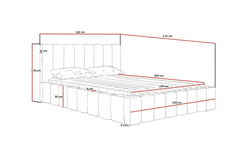 Polsterbett mit Stauraum, Bemaßung