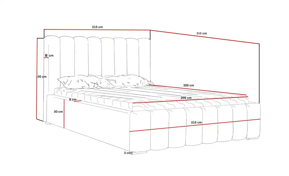 Polsterbett mit Stauraum, Bemaßung
