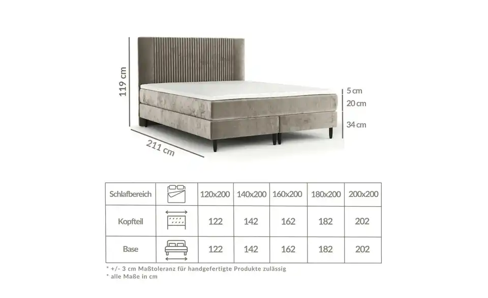 Boxspringbett Adena Inklusive Topper, Bemaßung