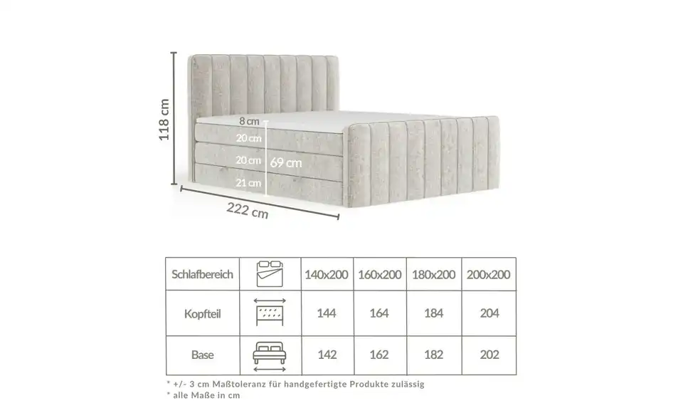 Boxspringbett mit Stauraum Novara, Bemaßung