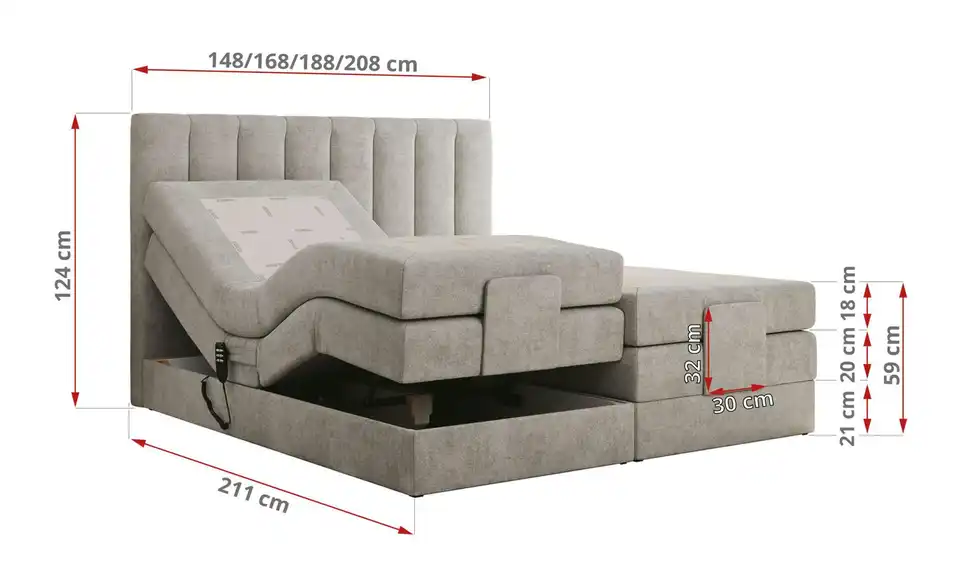 Motor Boxspringbett mit Bettkasten, Bemaßung