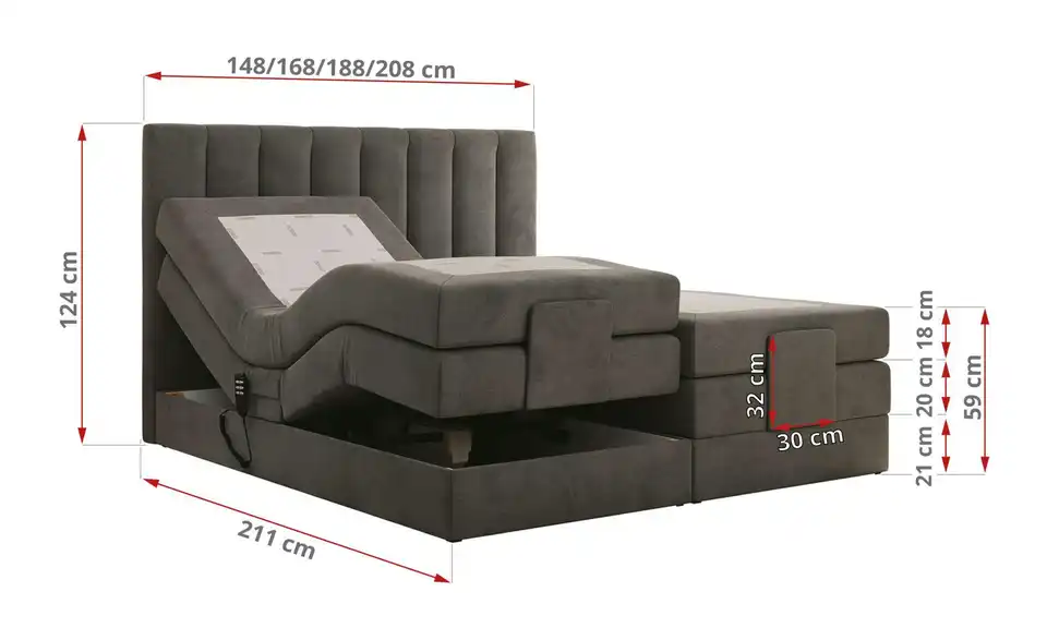Motor Boxspringbett mit Bettkasten, Bemaßung