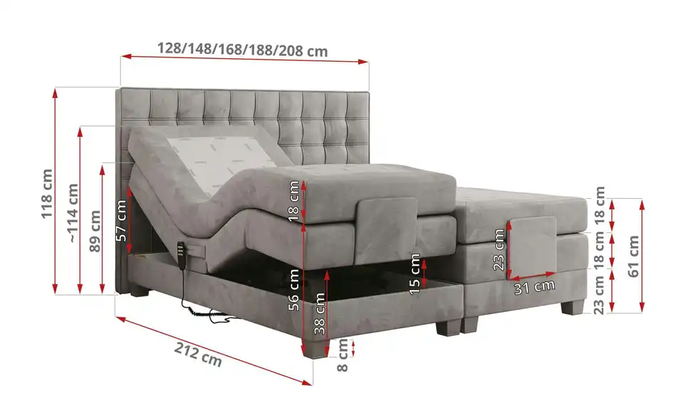 Motor Boxspringbett mit Bettkasten, Bemaßung