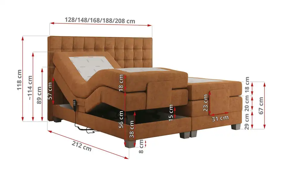 Motor Boxspringbett mit Bettkasten, Bemaßung