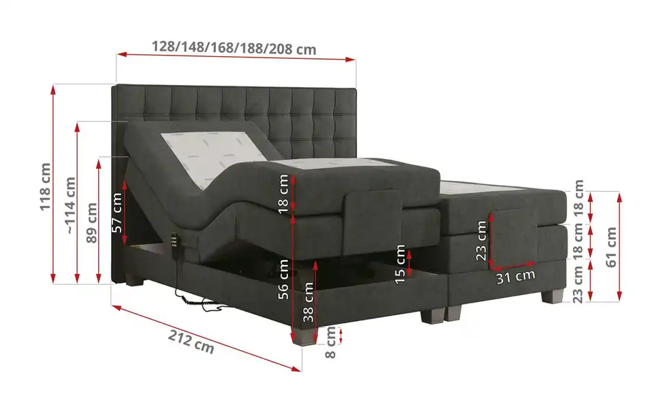 Motor Boxspringbett mit Bettkasten, Bemaßung