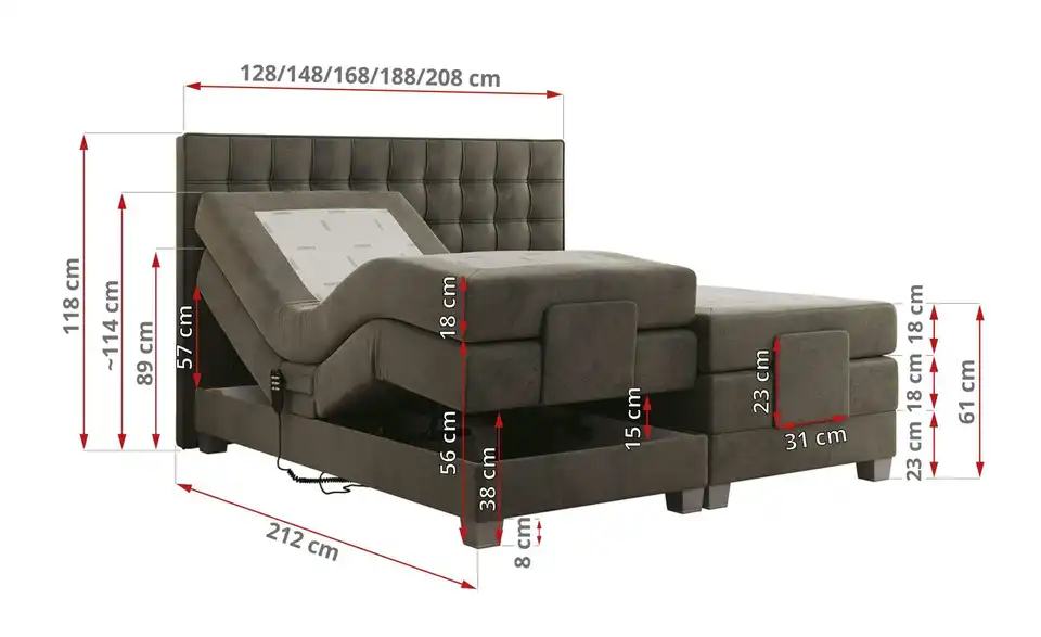 Motor Boxspringbett mit Bettkasten, Bemaßung
