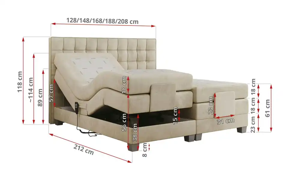 Motor Boxspringbett mit Bettkasten, Bemaßung