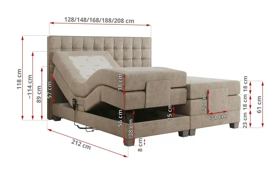 Motor Boxspringbett mit Bettkasten, Bemaßung