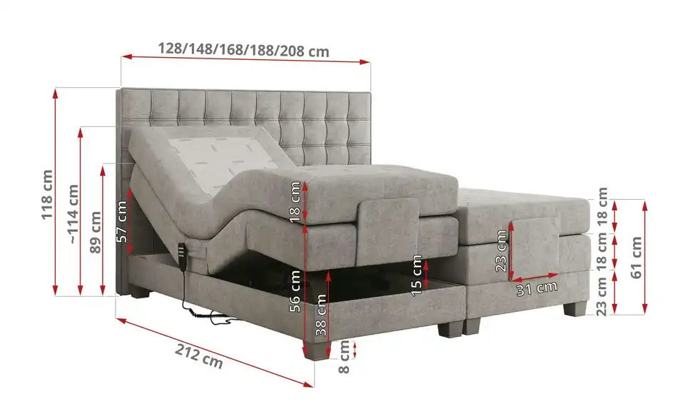 Motor Boxspringbett mit Bettkasten, Bemaßung