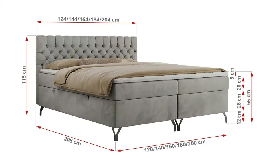 Boxbett mit Bettkasten, Bemaßung