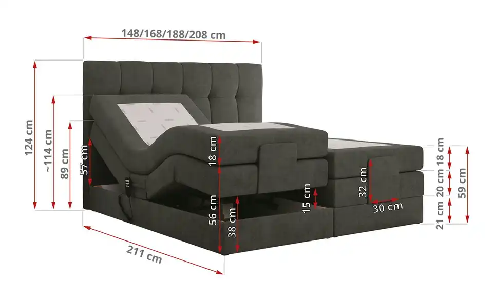 Motor Boxspringbett mit Bettkasten, Bemaßung