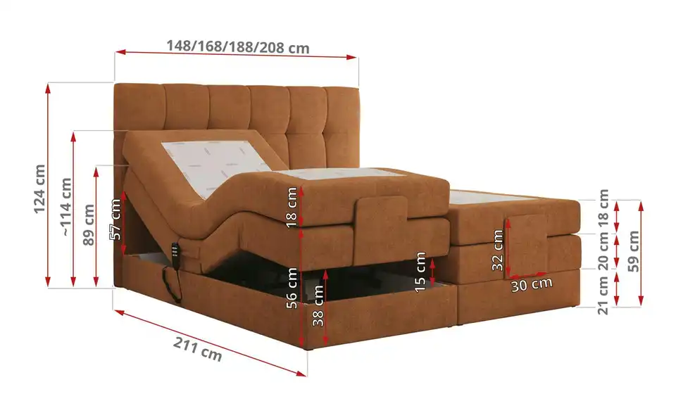 Motor Boxspringbett mit Bettkasten, Bemaßung