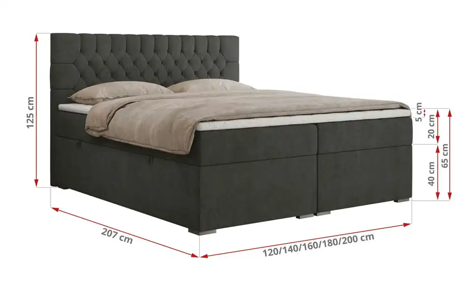 Boxbett mit Bettkasten, Bemaßung