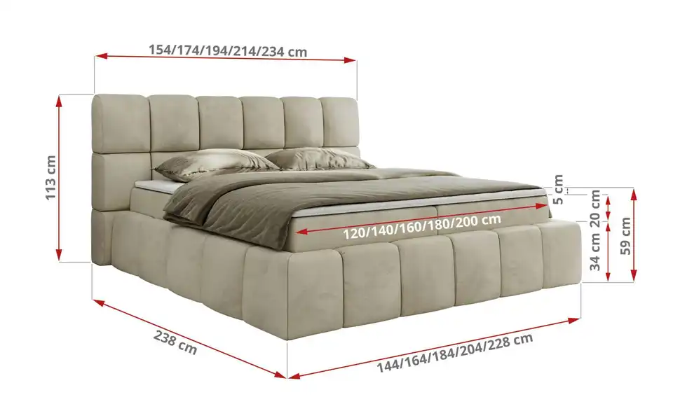 Boxbett mit Bettkasten, Bemaßung