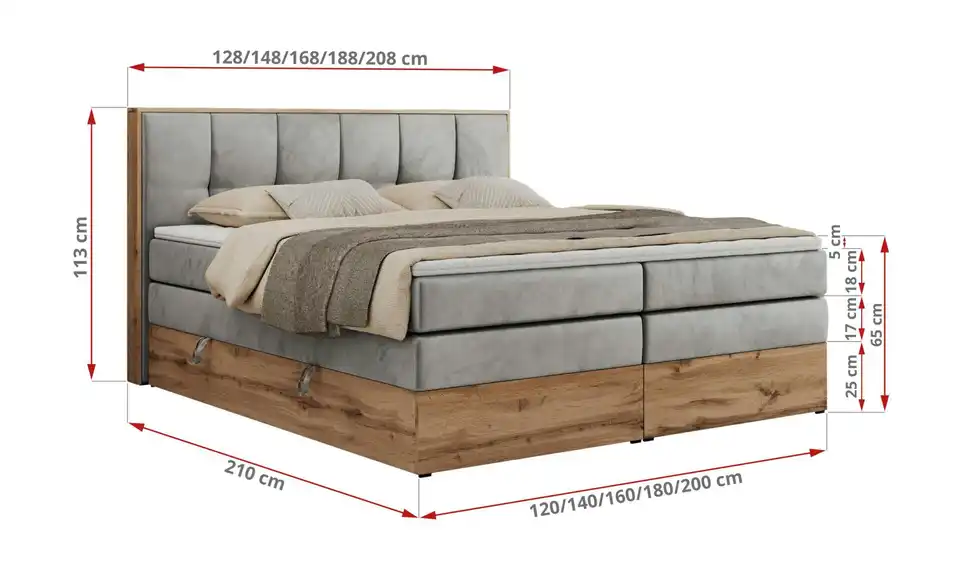 Boxspringbett mit Bettkasten, Bemaßung