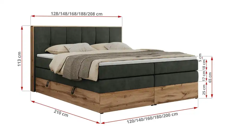 Boxspringbett mit Bettkasten, Bemaßung
