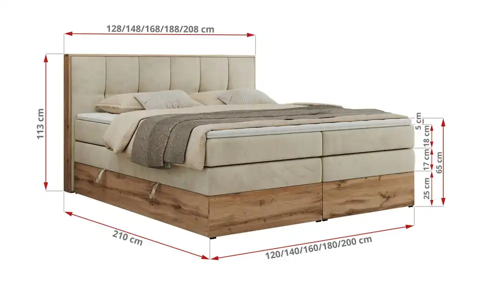 Boxspringbett mit Bettkasten, Bemaßung