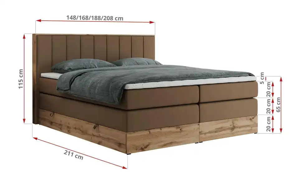 Boxspringbett mit Bettkasten, Bemaßung
