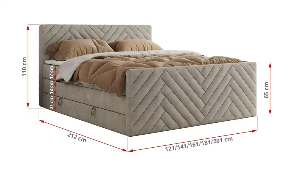 Boxspringbett mit Bettkasten, Bemaßung