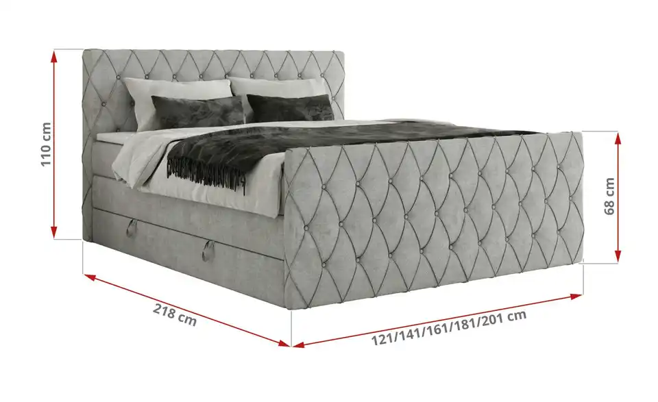 Boxspringbett mit Bettkasten, Bemaßung