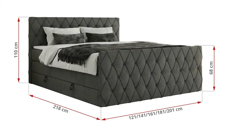 Boxspringbett mit Bettkasten, Bemaßung