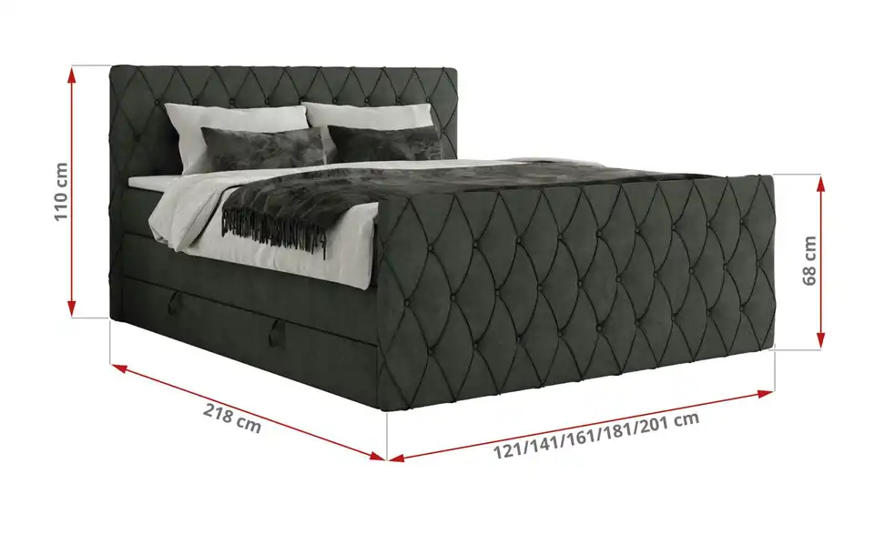 Boxspringbett mit Bettkasten, Bemaßung