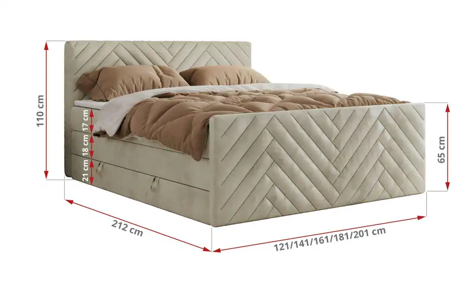 Boxspringbett mit Bettkasten, Bemaßung