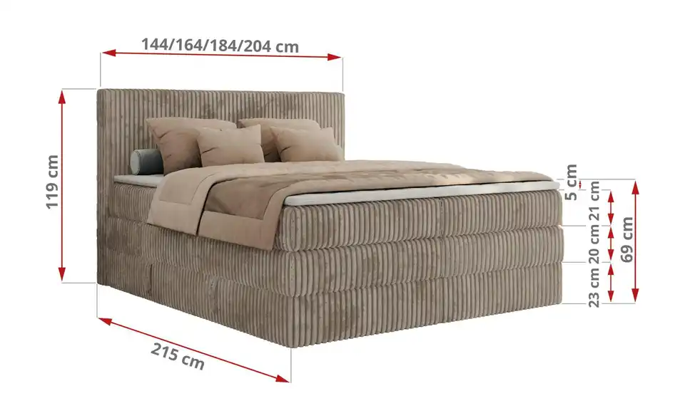 Boxspringbett mit Bettkasten, Bemaßung
