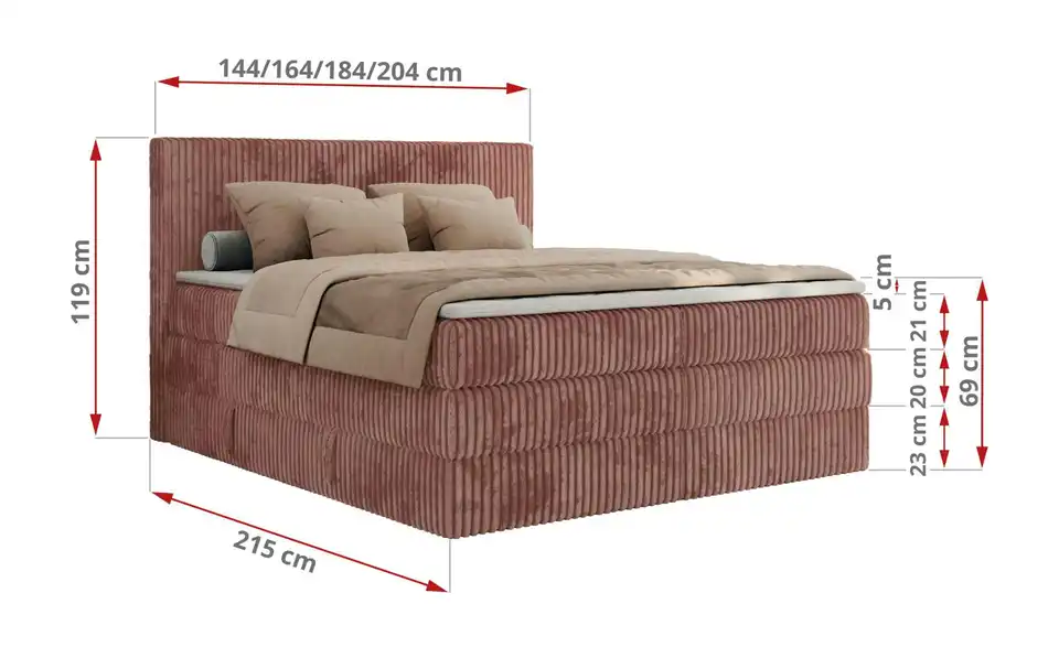 Boxspringbett mit Bettkasten, Bemaßung
