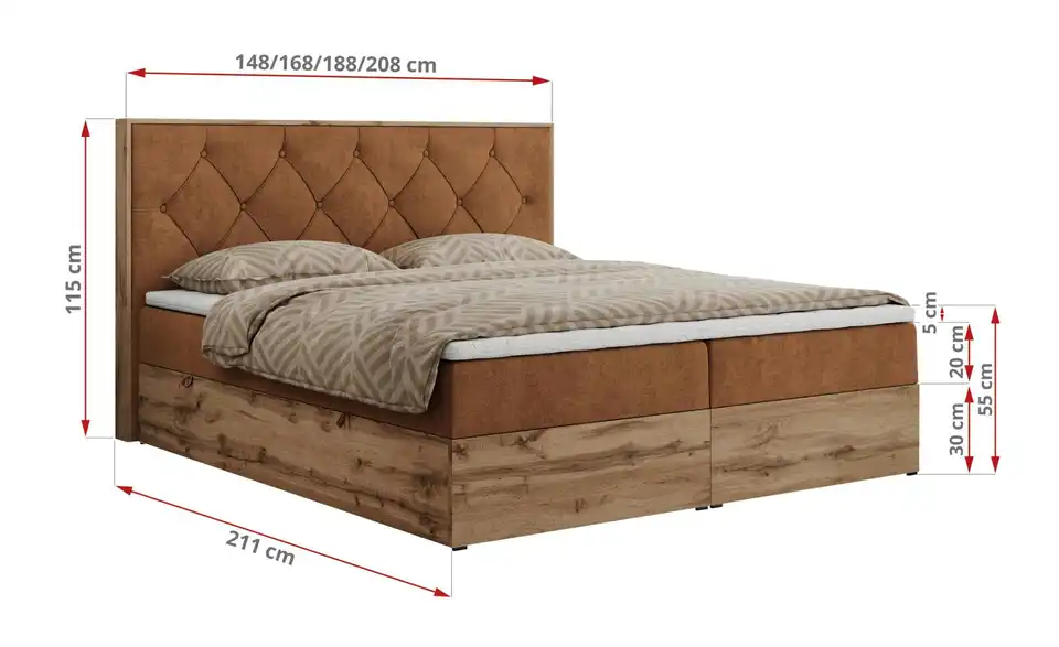 Boxbett mit Bettkasten, Bemaßung