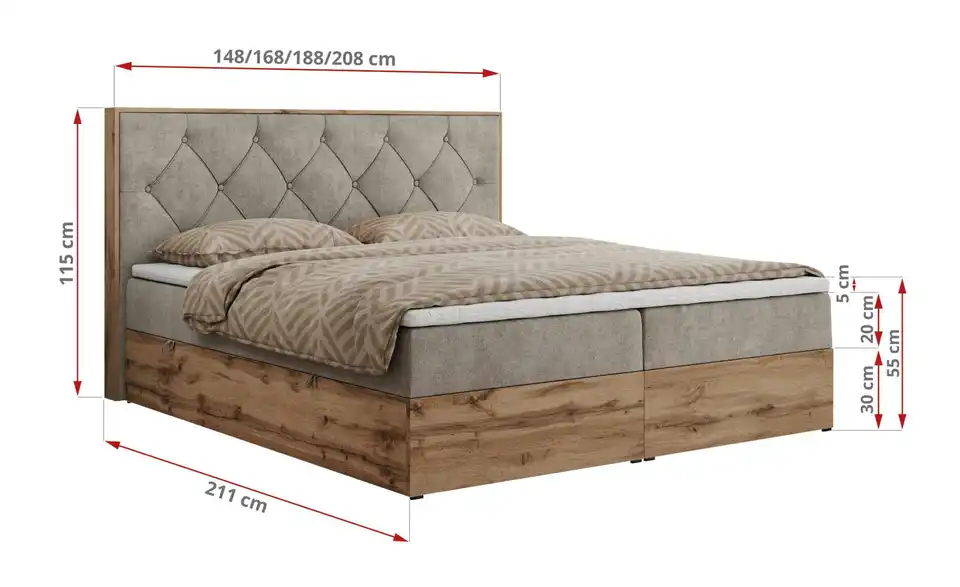 Boxbett mit Bettkasten, Bemaßung