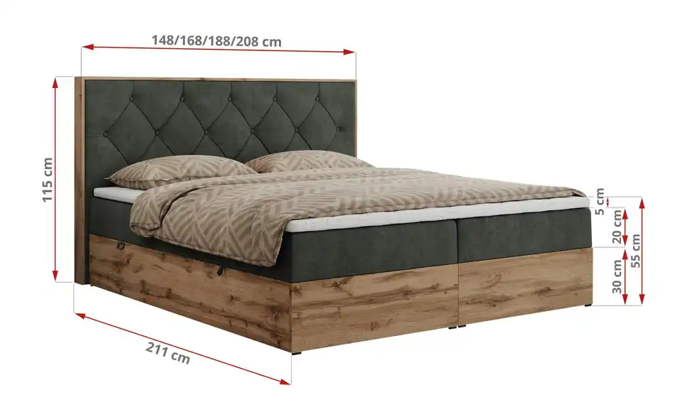 Boxbett mit Bettkasten, Bemaßung