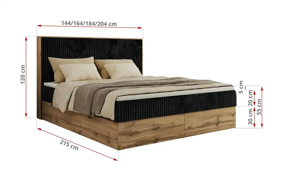 Boxbett mit Bettkasten, Bemaßung