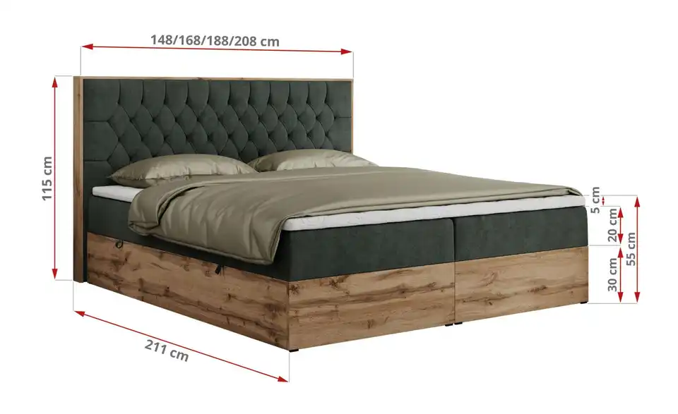 Boxbett mit Bettkasten, Bemaßung