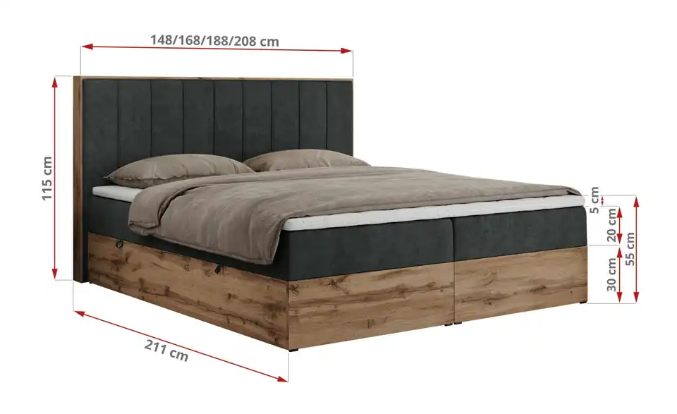 Boxbett mit Bettkasten, Bemaßung